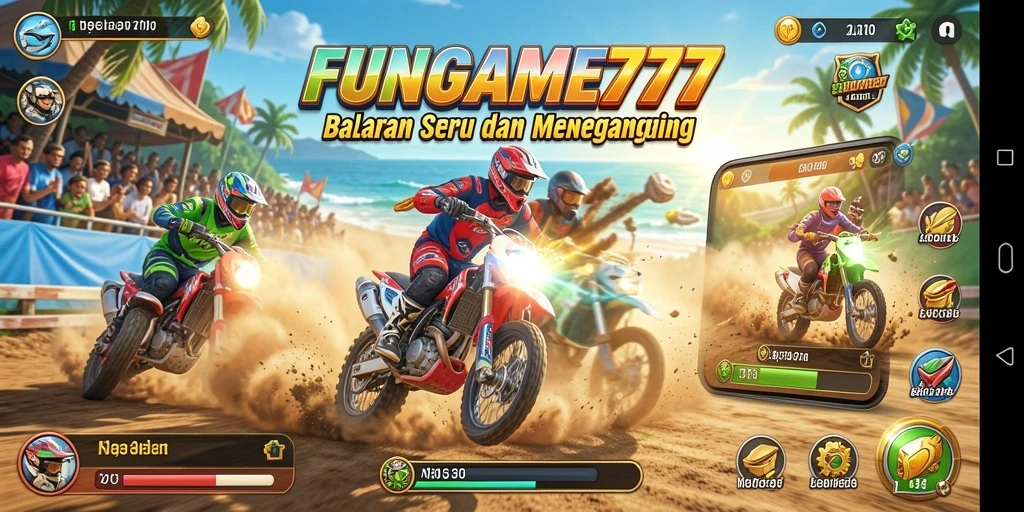 Screenshot FUNGAME777 menunjukkan adrenalin tinggi saat balapan di trek yang menantang.