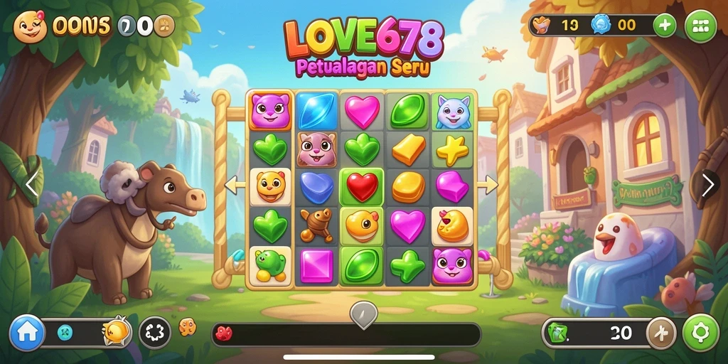Screenshot gameplay LOVE678 yang menampilkan kombinasi simbol match-3 yang seru.