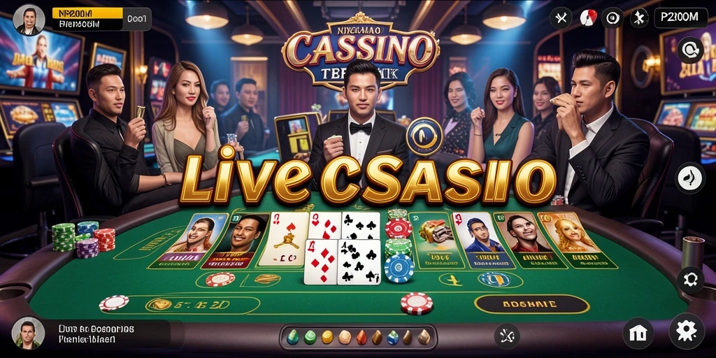 Screenshot gameplay P200M menunjukkan dealer profesional dan suasana kasino yang hidup.