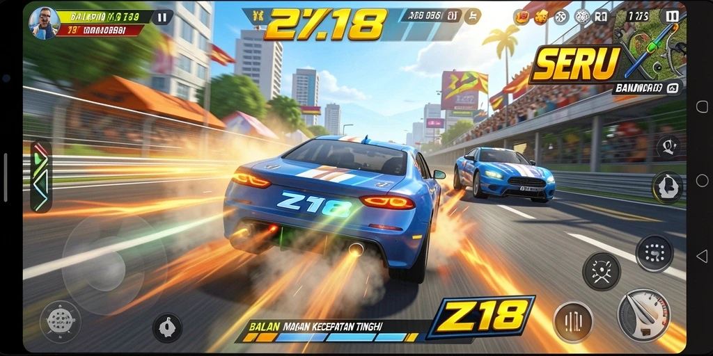 Gameplay Z18 menunjukkan aksi balap yang seru dan mendebarkan.